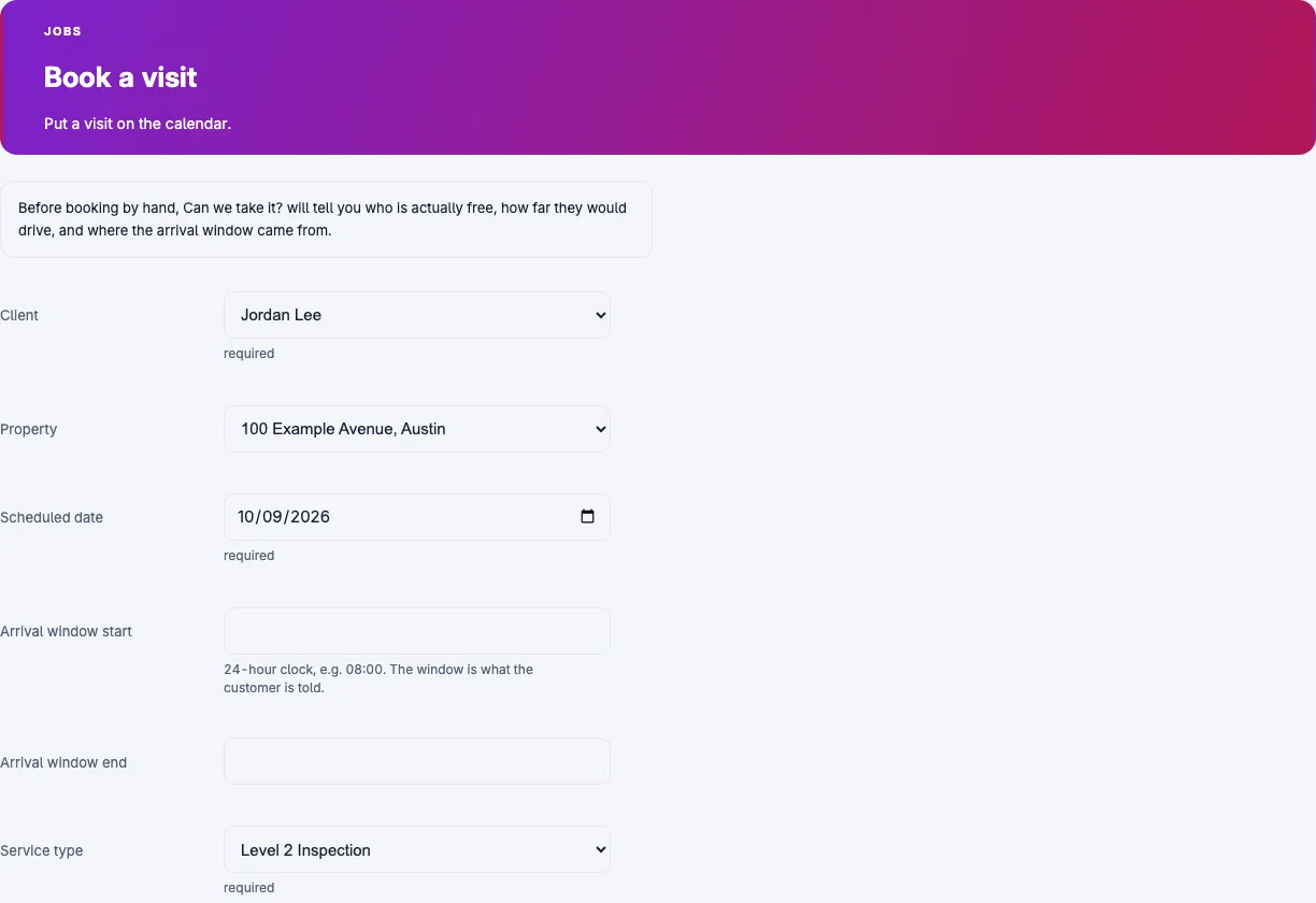 Visit booking form with a selected customer, property and service.