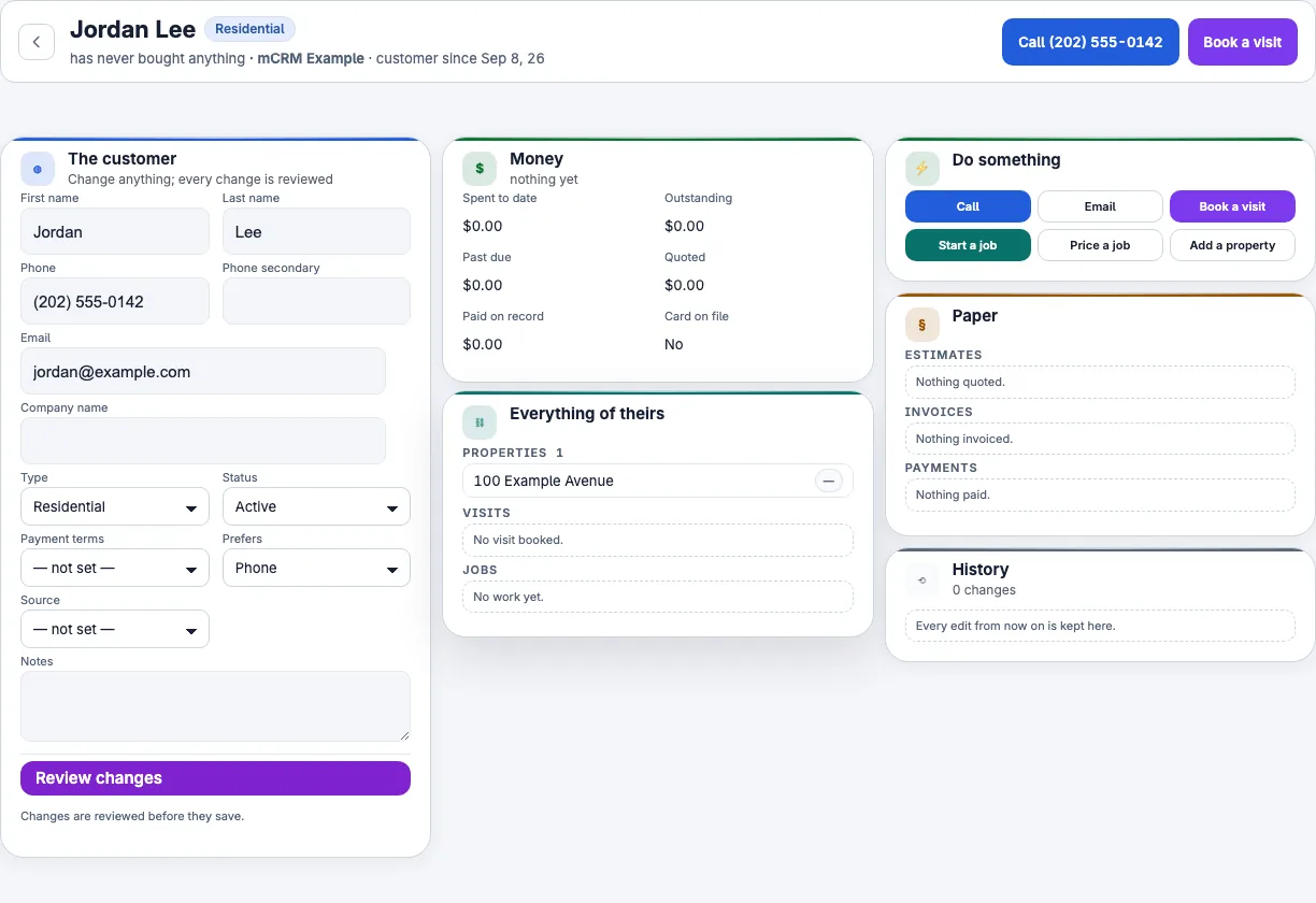 Customer record with contact details, properties and related activity.